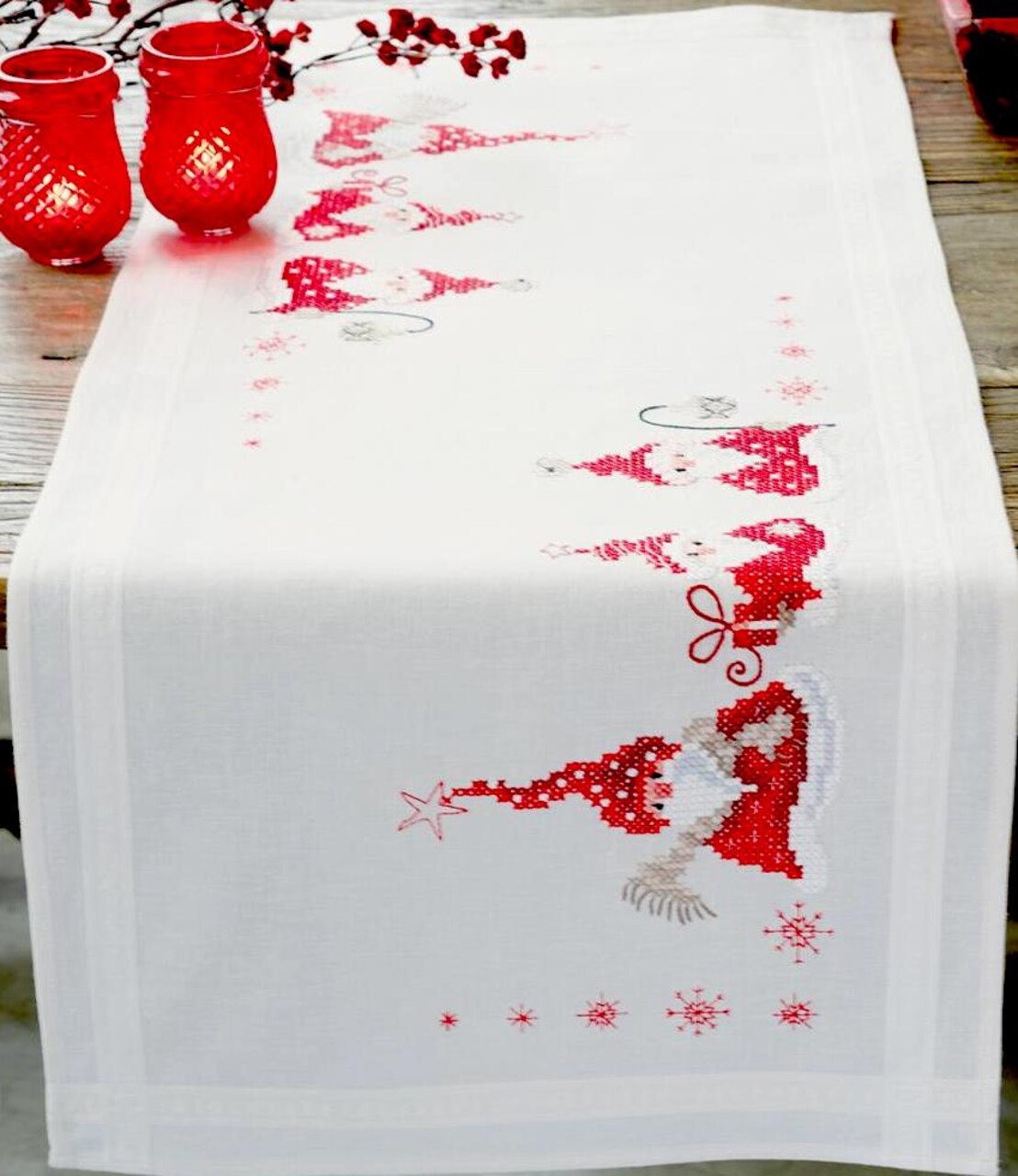 DIY Vervaco Christmas Gnomes Santa Elves Stamped Cross Stitch Table Runner Kit